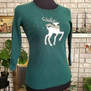 Karen Scott Christmas Reindeer Green Top Like New Size XS
